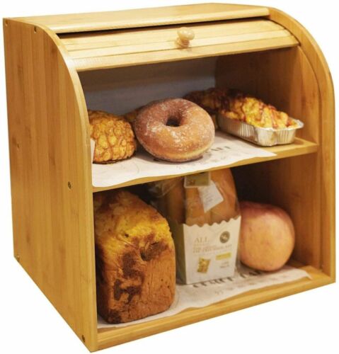 Bamboo Bread Box with two compartments, showcasing its elegant design and sliding door feature.