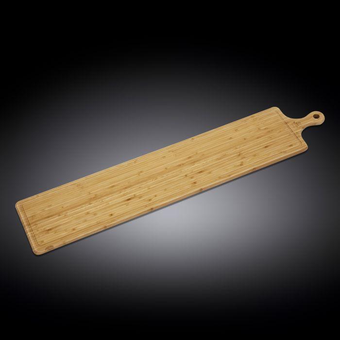WILMAX Bamboo Charcuterie Board with Handle, 39.4 inches by 7.9 inches, showcasing its elegant design and natural bamboo texture.