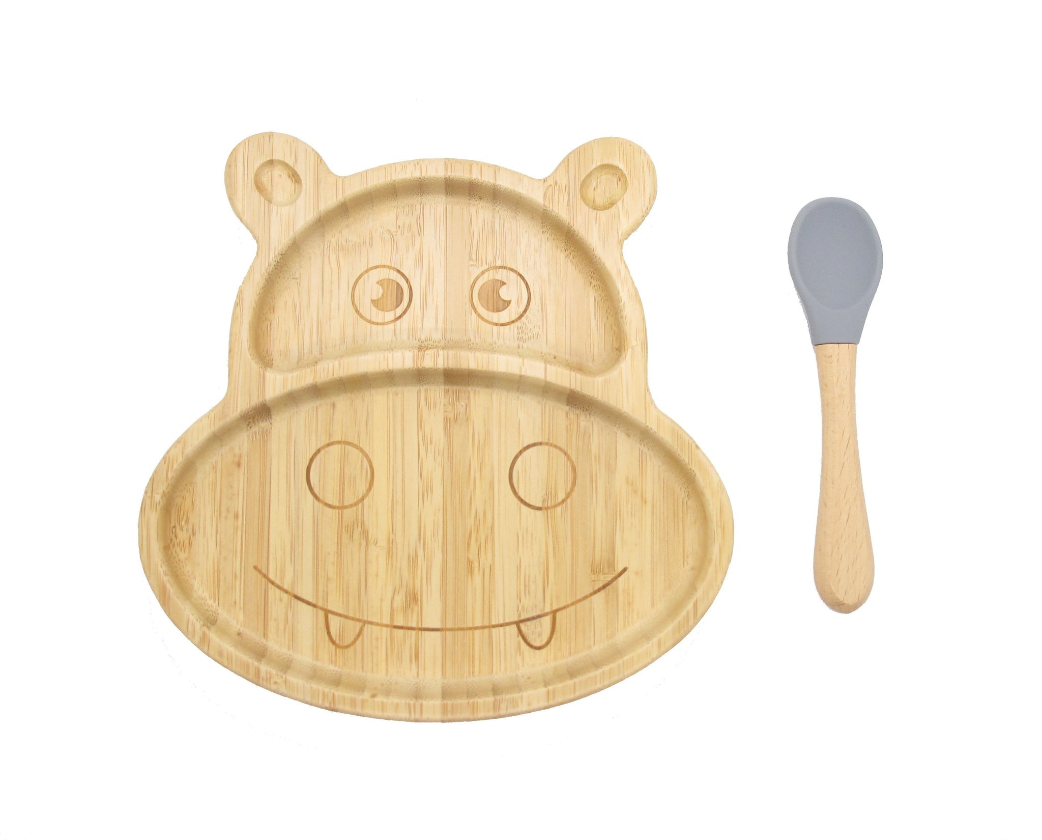 Bamboo Hippo Kids Plate with a removable suction cap base and a bamboo spoon with a silicone head, designed for toddlers.