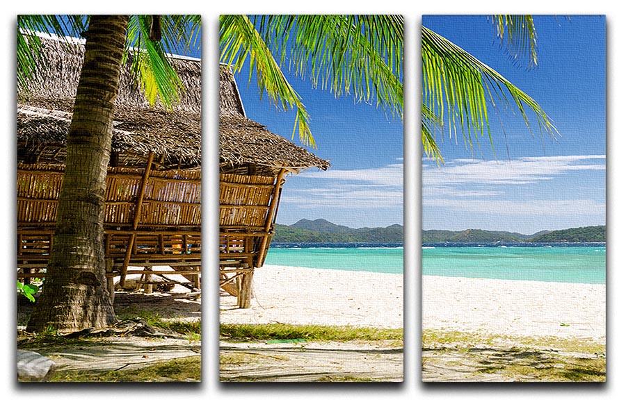 A beautiful 3-panel canvas print featuring a bamboo hut on a tropical beach, showcasing vibrant colors and serene scenery.