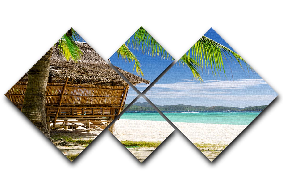 A beautiful 4-square multi-panel canvas featuring a bamboo hut on a tropical beach, showcasing vibrant colors and serene scenery.
