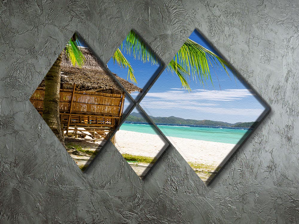 A beautiful 4-square multi-panel canvas featuring a bamboo hut on a tropical beach, showcasing vibrant colors and serene scenery.