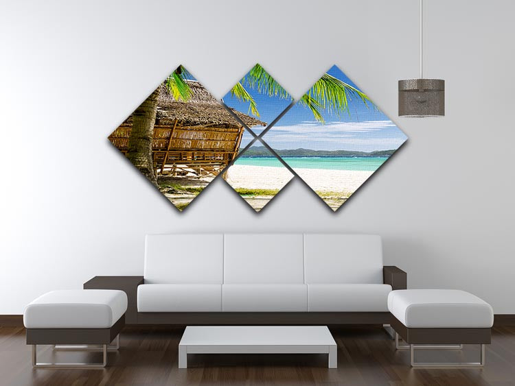 A beautiful 4-square multi-panel canvas featuring a bamboo hut on a tropical beach, showcasing vibrant colors and serene scenery.