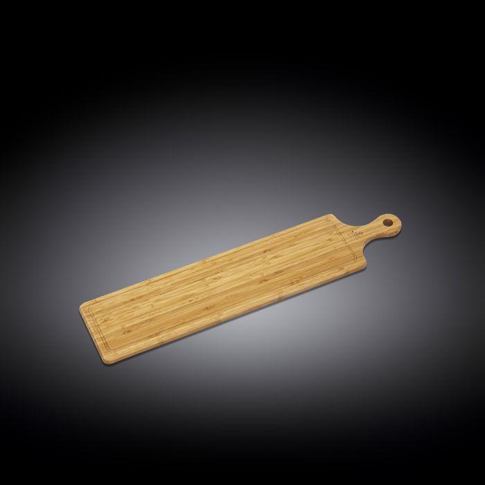 WILMAX Bamboo Long Serving Board with Handle, 26 inches by 5.9 inches, showcasing its elegant design and natural bamboo texture.