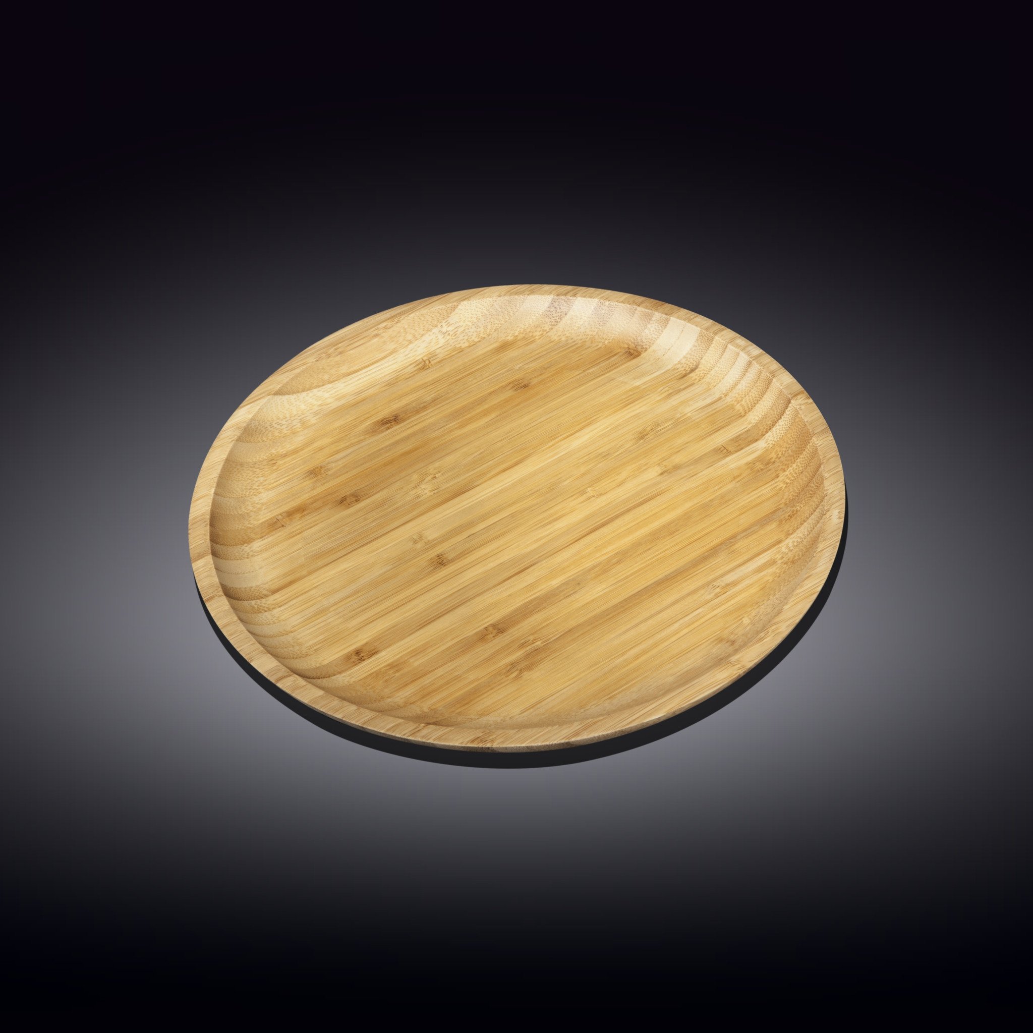 A beautifully crafted 9-inch round bamboo plate, showcasing its natural texture and eco-friendly design, perfect for serving appetizers and barbecue.