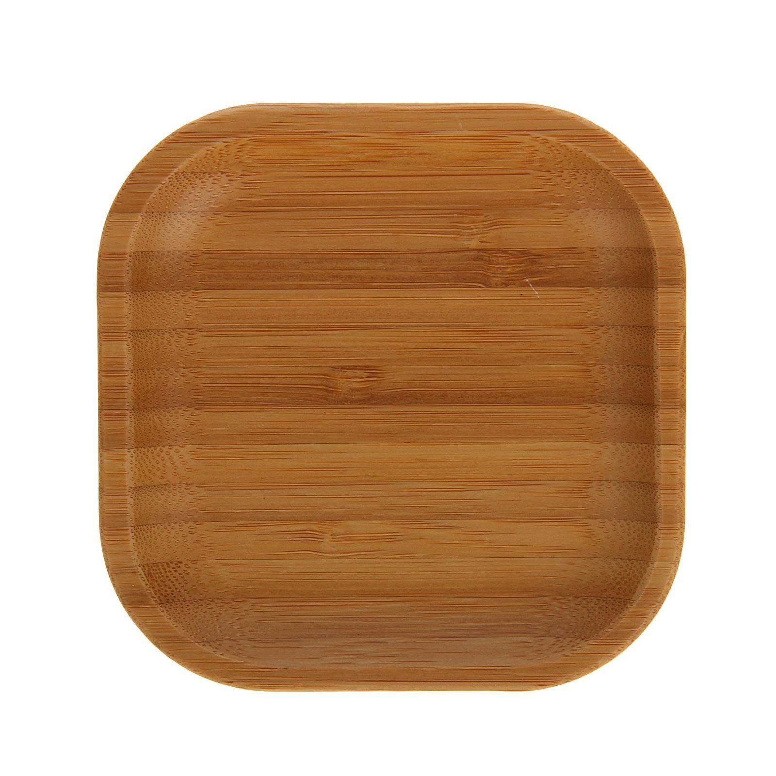 A set of elegant 4-inch bamboo square plates, showcasing their natural texture and eco-friendly design, perfect for serving appetizers.