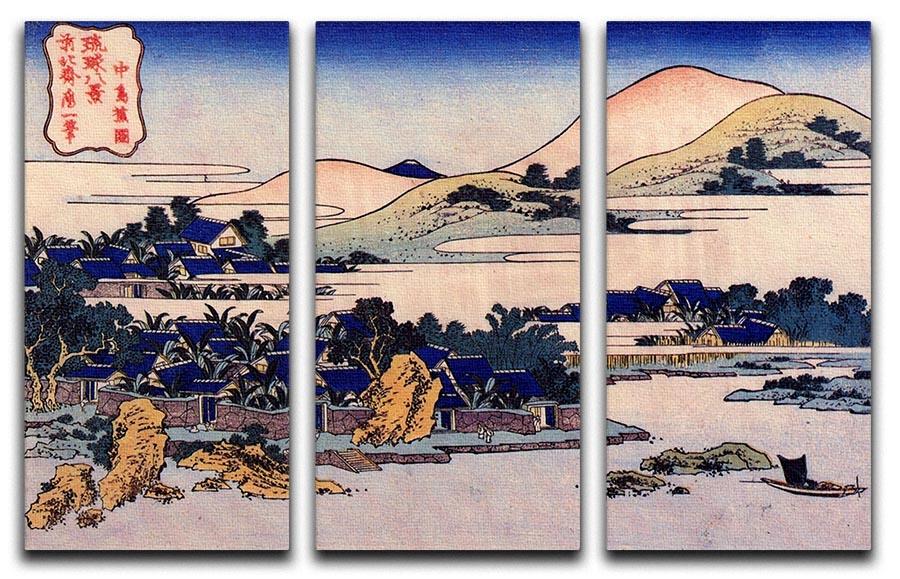 Three-panel canvas print featuring Hokusai's Banana plantation at Chuto, showcasing vibrant colors and intricate details.