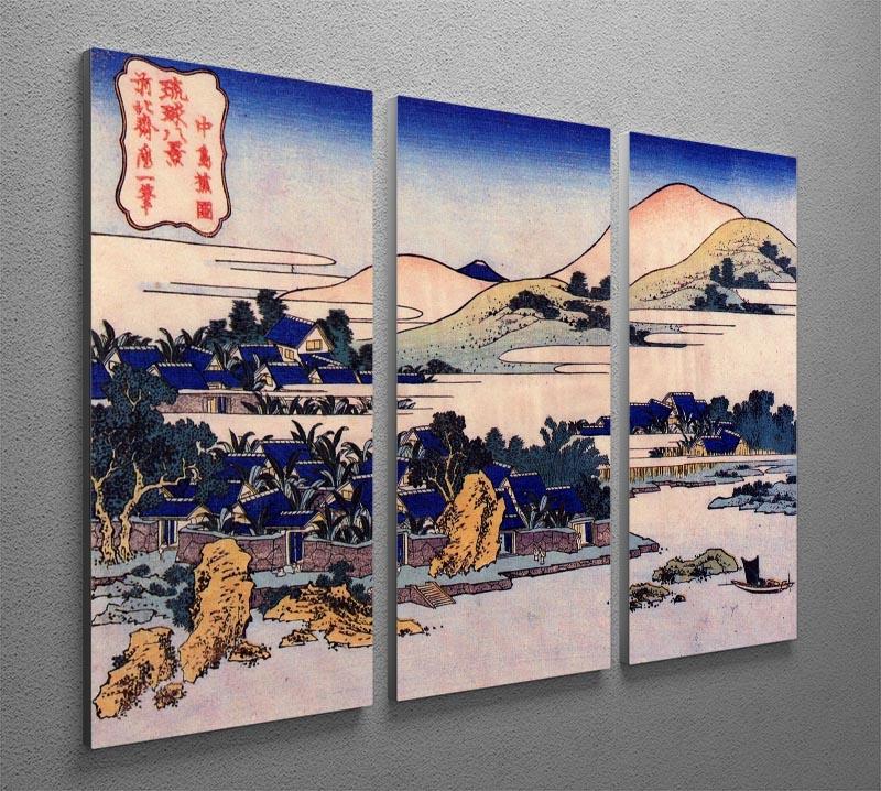 Three-panel canvas print featuring Hokusai's Banana plantation at Chuto, showcasing vibrant colors and intricate details.