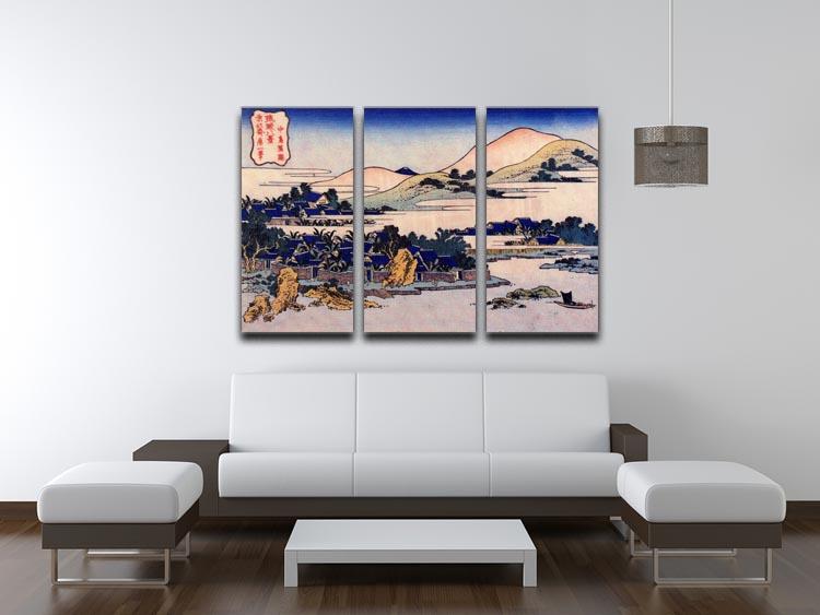 Three-panel canvas print featuring Hokusai's Banana plantation at Chuto, showcasing vibrant colors and intricate details.