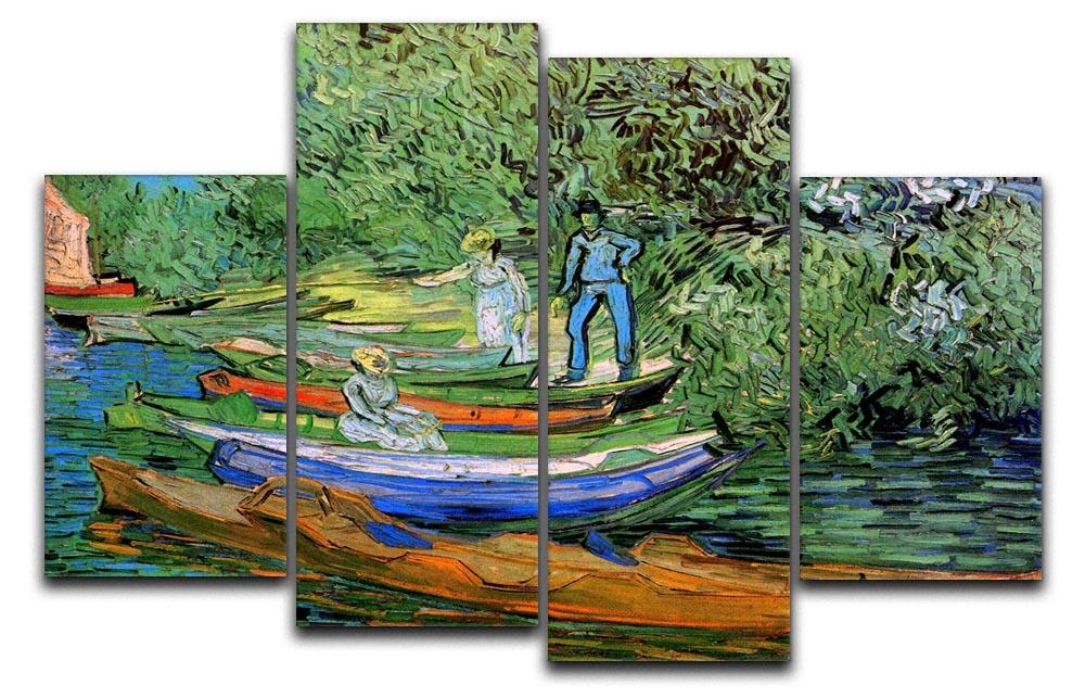 A 4-split canvas artwork featuring Van Gogh's Bank of the Oise at Auvers, showcasing vibrant colors and dynamic composition.
