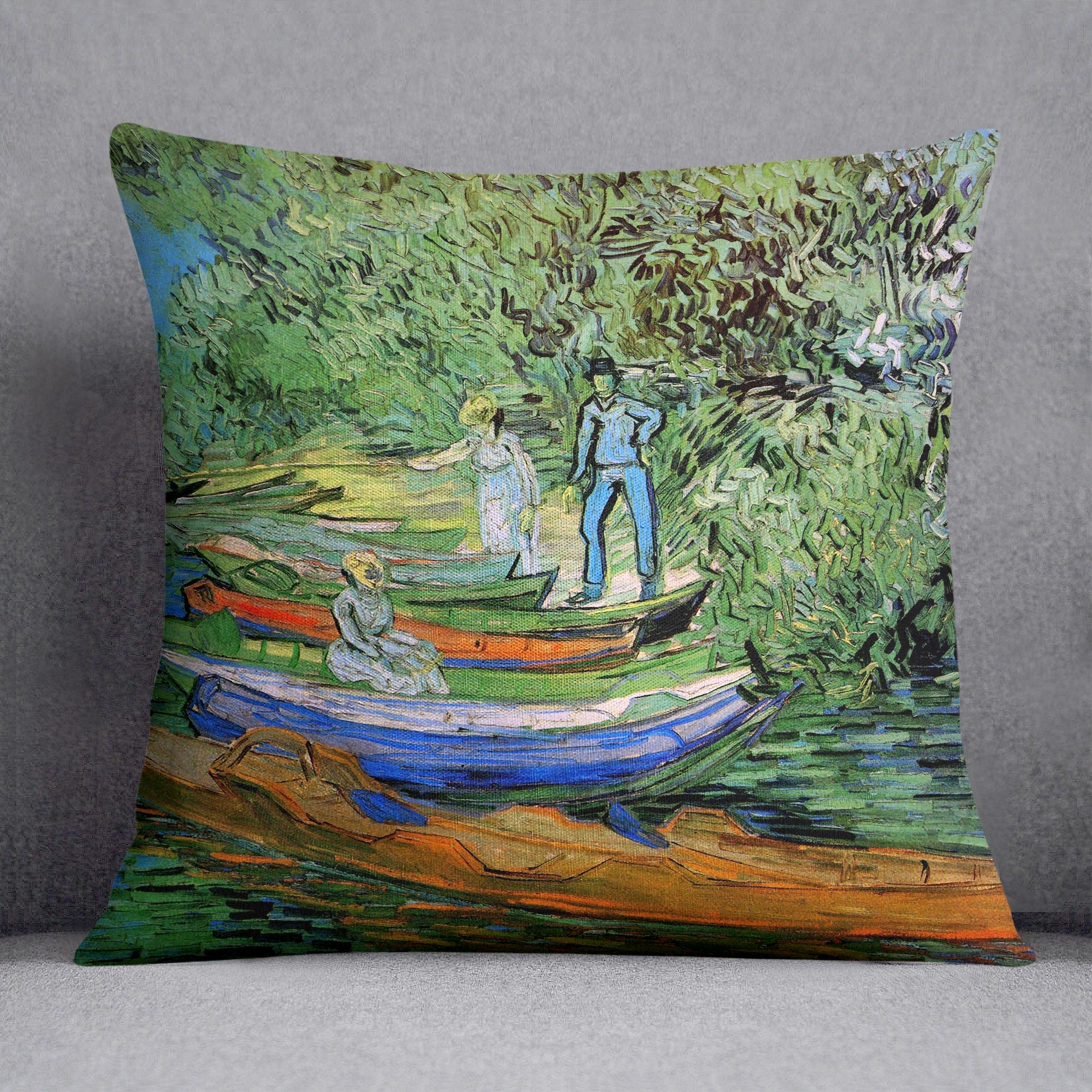 A vibrant cushion featuring Van Gogh's Bank of the Oise at Auvers design, made from luxurious vegan faux suede.