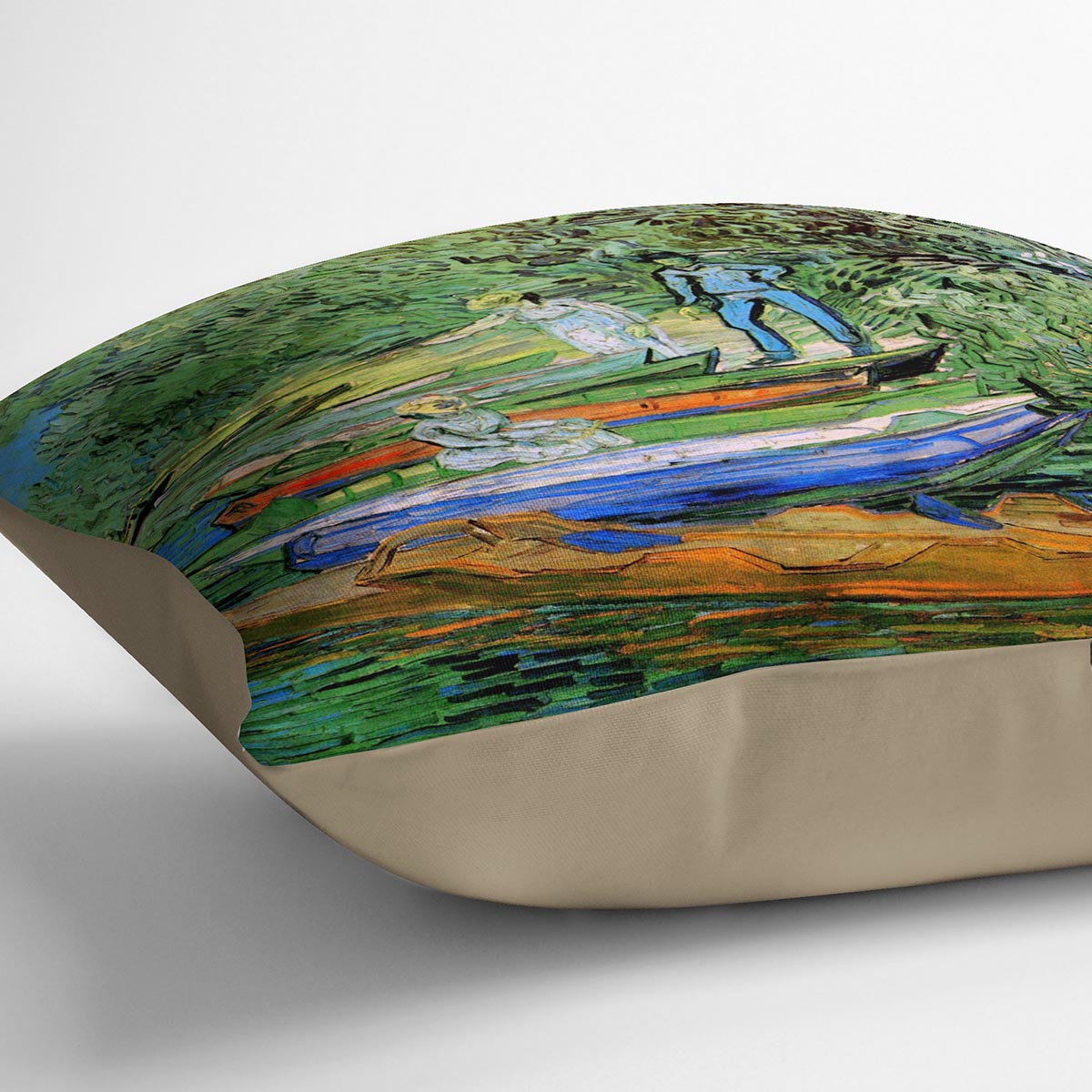A vibrant cushion featuring Van Gogh's Bank of the Oise at Auvers design, made from luxurious vegan faux suede.