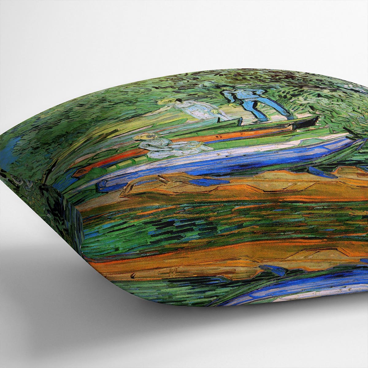 A vibrant cushion featuring Van Gogh's Bank of the Oise at Auvers design, made from luxurious vegan faux suede.