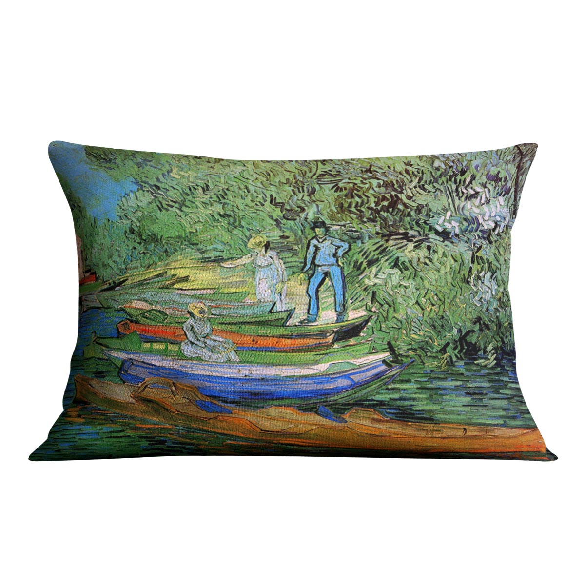 A vibrant cushion featuring Van Gogh's Bank of the Oise at Auvers design, made from luxurious vegan faux suede.