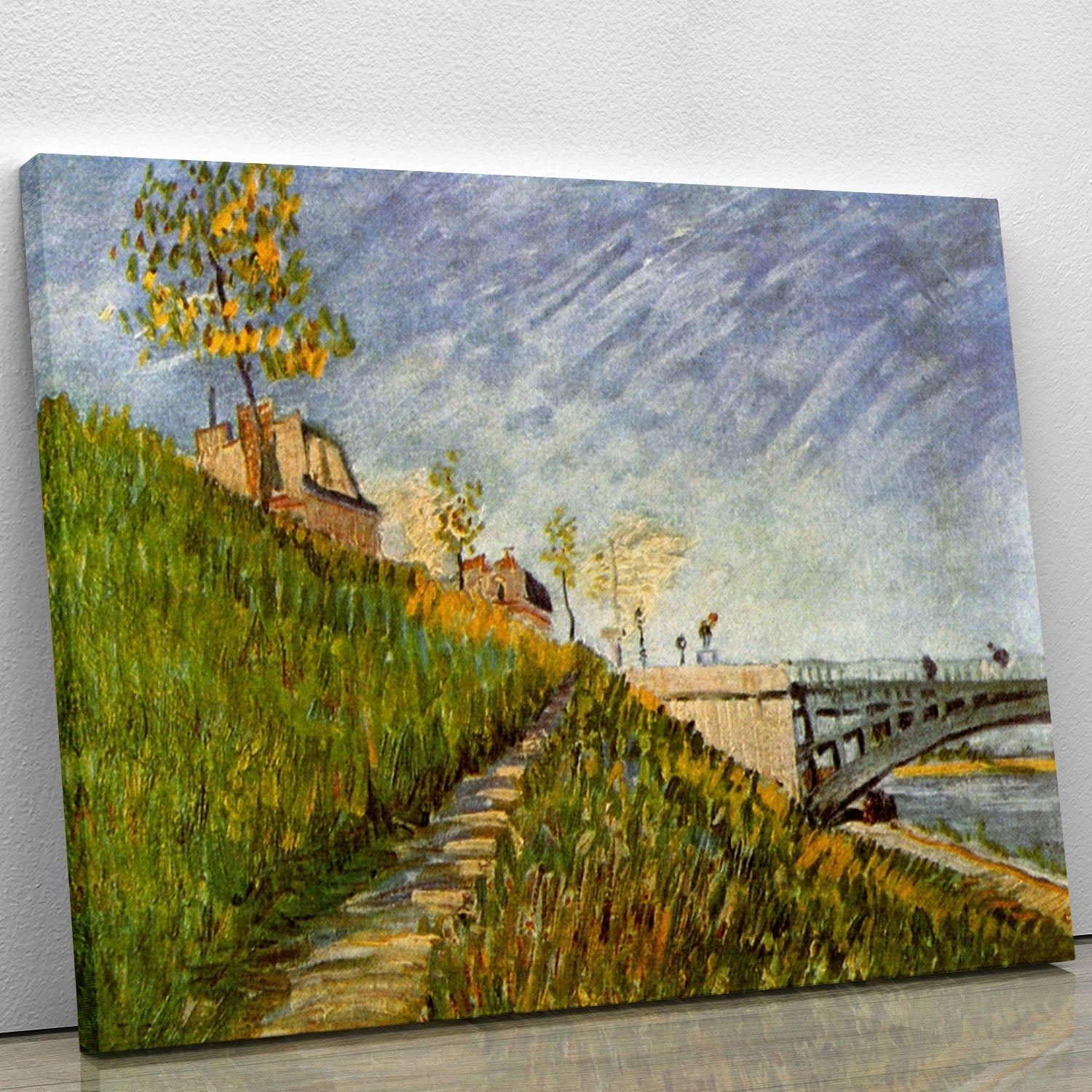 Banks of the Seine with Pont de Clichy by Van Gogh canvas print showcasing vibrant colors and dynamic brush strokes.