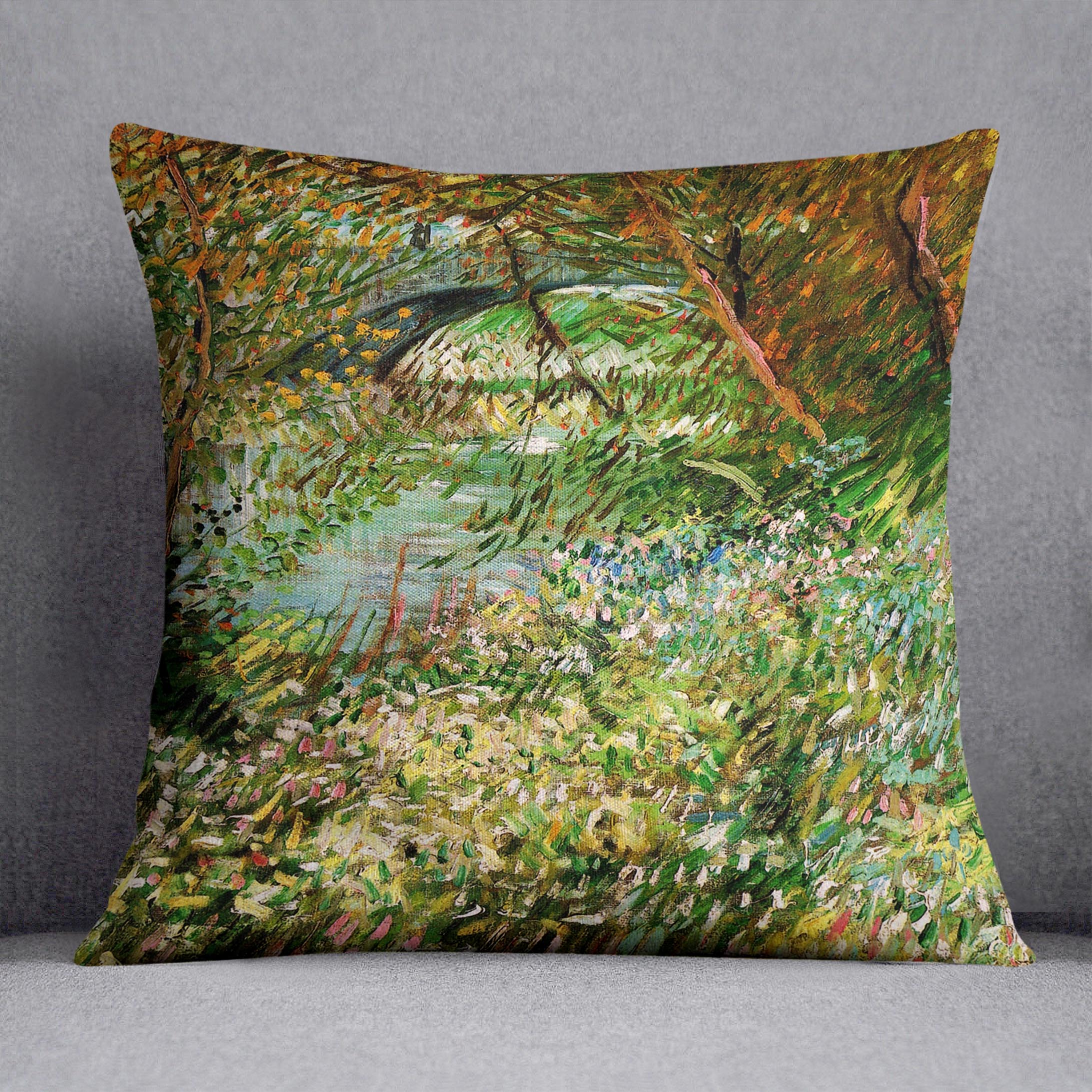 Vibrant abstract cushion featuring Van Gogh's Banks of the Seine with Pont de Clichy in the Spring, showcasing colorful patterns on luxurious faux suede.