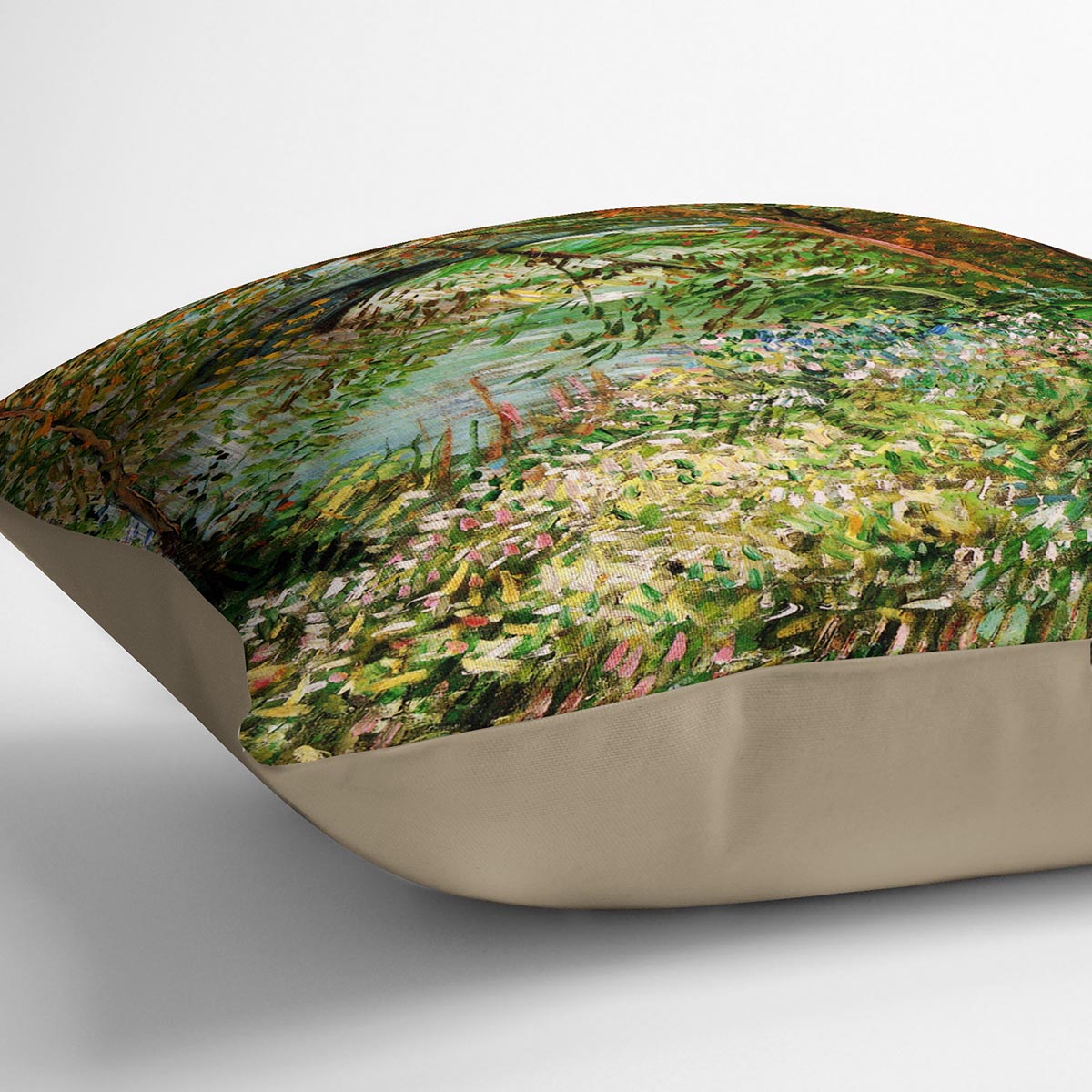 Vibrant abstract cushion featuring Van Gogh's Banks of the Seine with Pont de Clichy in the Spring, showcasing colorful patterns on luxurious faux suede.