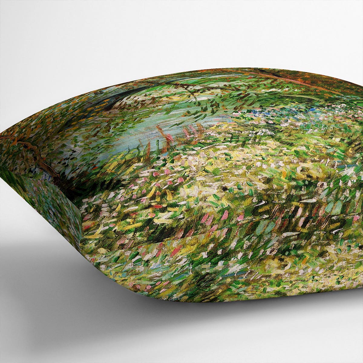 Vibrant abstract cushion featuring Van Gogh's Banks of the Seine with Pont de Clichy in the Spring, showcasing colorful patterns on luxurious faux suede.