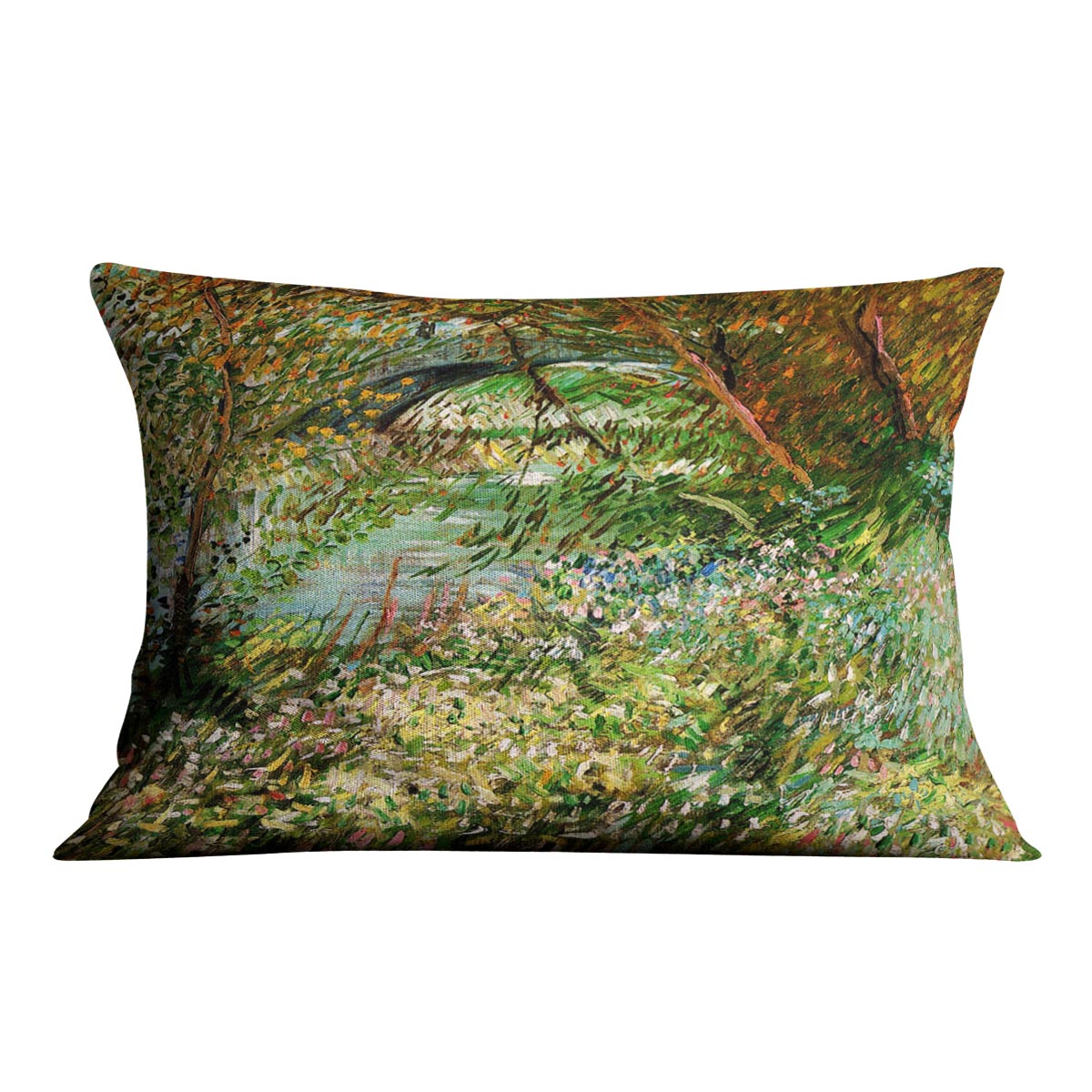 Vibrant abstract cushion featuring Van Gogh's Banks of the Seine with Pont de Clichy in the Spring, showcasing colorful patterns on luxurious faux suede.