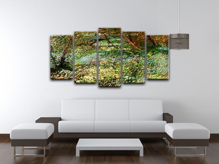 A 5-split canvas artwork featuring Van Gogh's Banks of the Seine with Pont de Clichy in the Spring, showcasing vibrant colors and dynamic design.