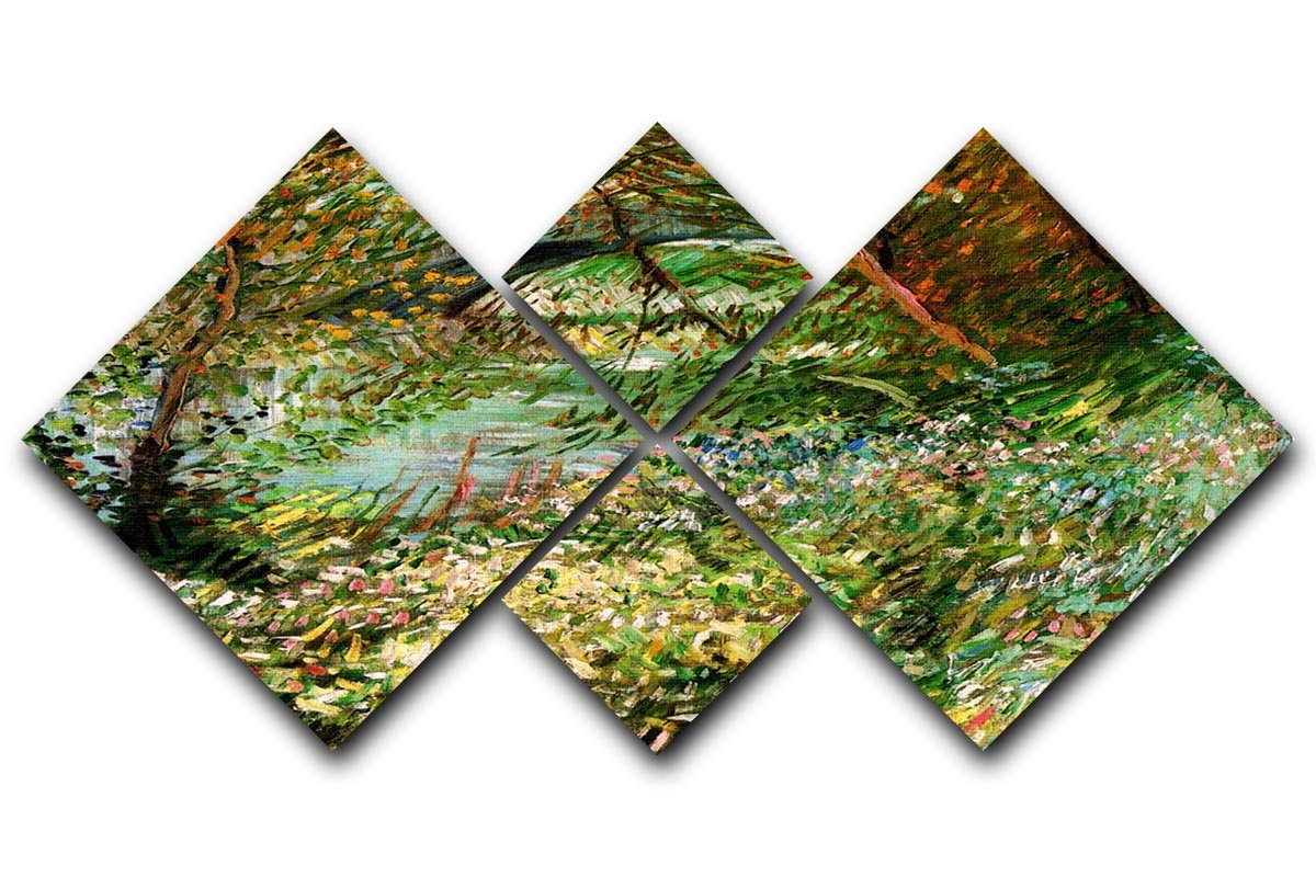 A vibrant 4-square canvas artwork by Van Gogh depicting the Banks of the Seine with Pont de Clichy in spring, showcasing vivid colors and intricate details.