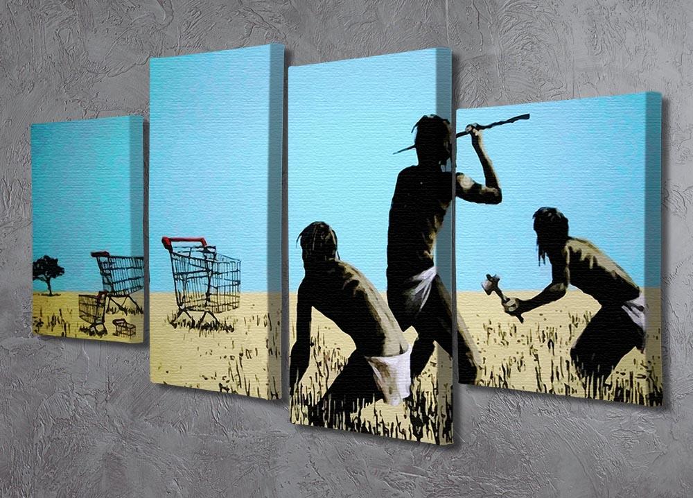 Banksy Aborigine Hunters 4 Split Panel Canvas artwork featuring four panels with a cohesive design, showcasing vibrant colors and intricate details.