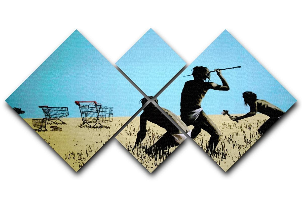 Banksy Aborigine Hunters 4 Square Multi Panel Canvas artwork featuring four equal square sections with vibrant colors and striking imagery.