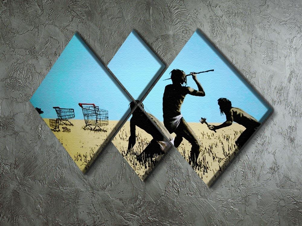 Banksy Aborigine Hunters 4 Square Multi Panel Canvas artwork featuring four equal square sections with vibrant colors and striking imagery.