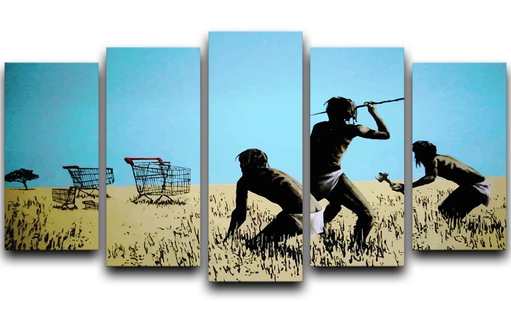 Banksy Aborigine Hunters 5 Split Panel Canvas artwork featuring vibrant colors and dynamic design across five panels.