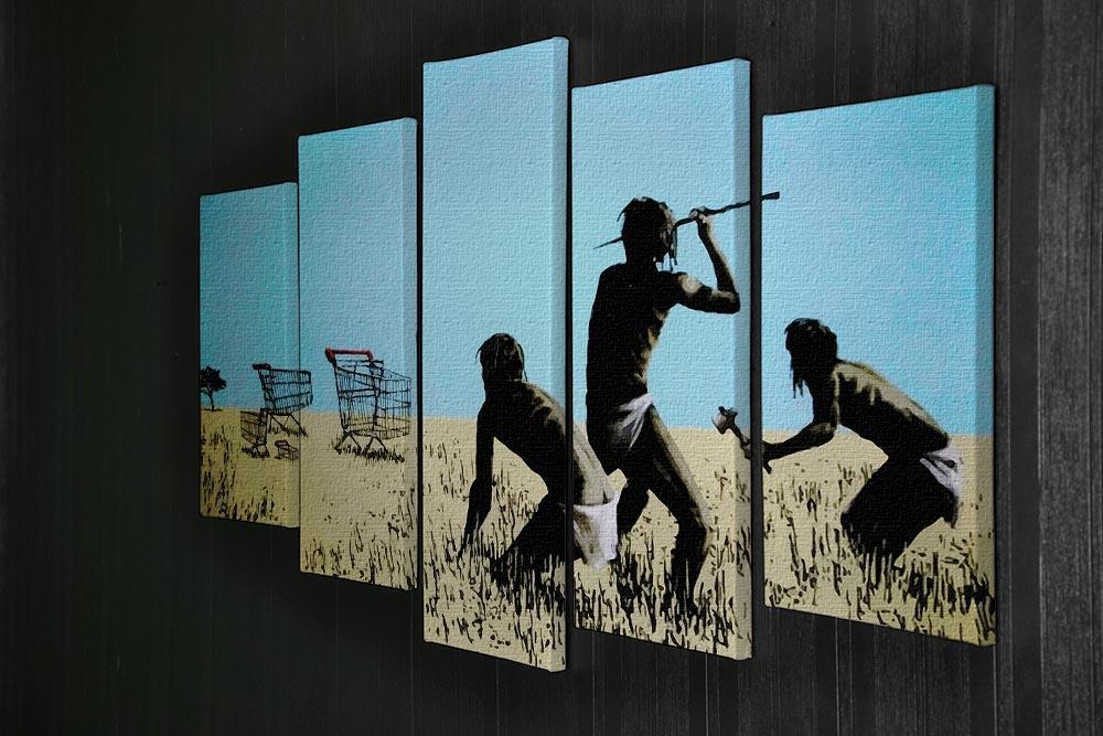 Banksy Aborigine Hunters 5 Split Panel Canvas artwork featuring vibrant colors and dynamic design across five panels.
