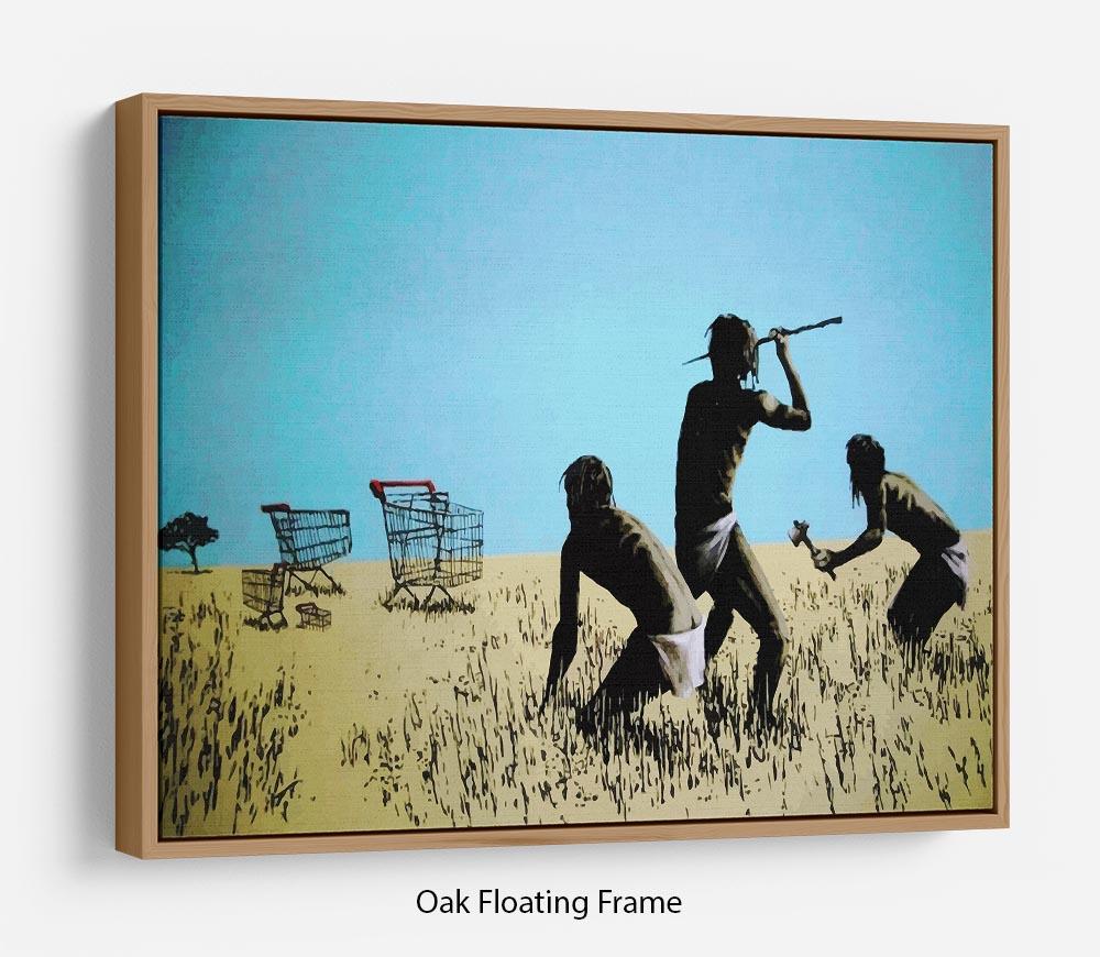 Banksy Aborigine Hunters Floating Frame Canvas featuring vibrant colors and a contemporary design, elegantly framed in FSC Certified wood.