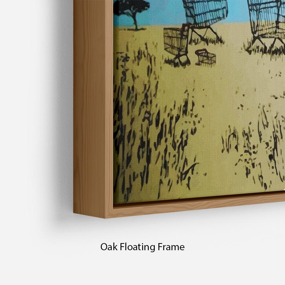 Banksy Aborigine Hunters Floating Frame Canvas featuring vibrant colors and a contemporary design, elegantly framed in FSC Certified wood.