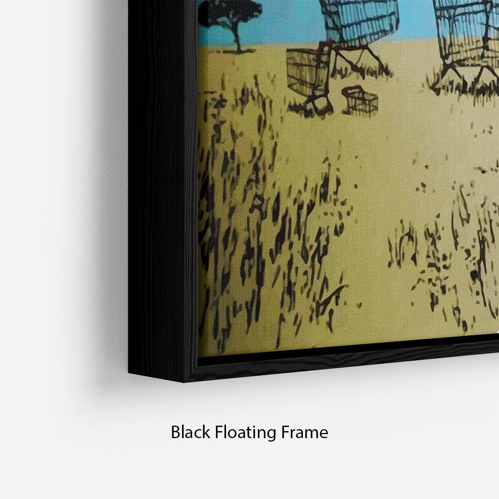 Banksy Aborigine Hunters Floating Frame Canvas featuring vibrant colors and a contemporary design, elegantly framed in FSC Certified wood.
