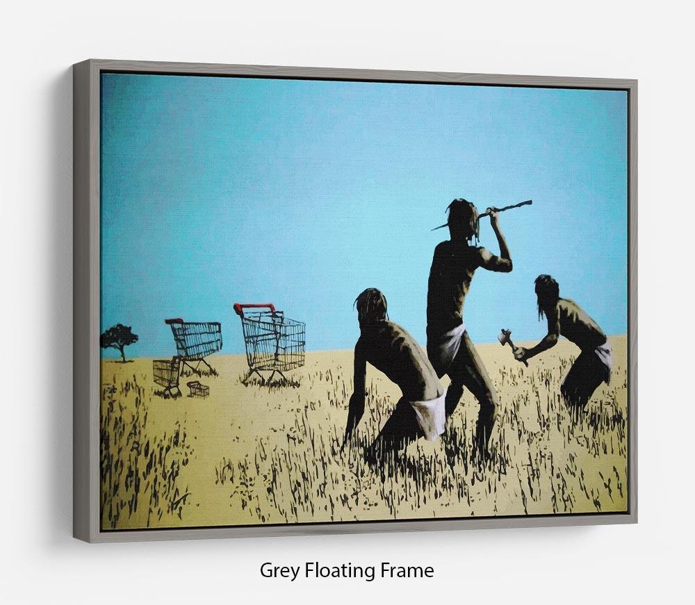 Banksy Aborigine Hunters Floating Frame Canvas featuring vibrant colors and a contemporary design, elegantly framed in FSC Certified wood.