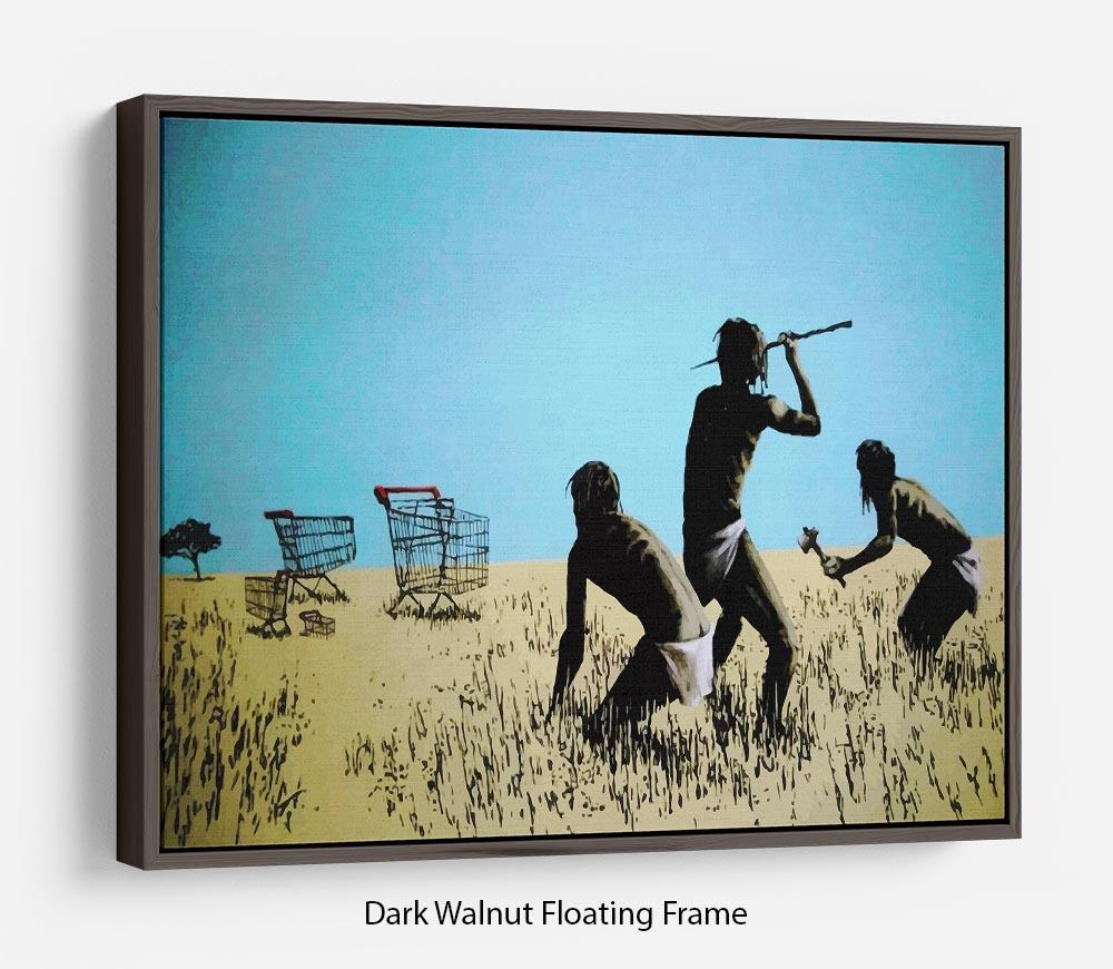 Banksy Aborigine Hunters Floating Frame Canvas featuring vibrant colors and a contemporary design, elegantly framed in FSC Certified wood.