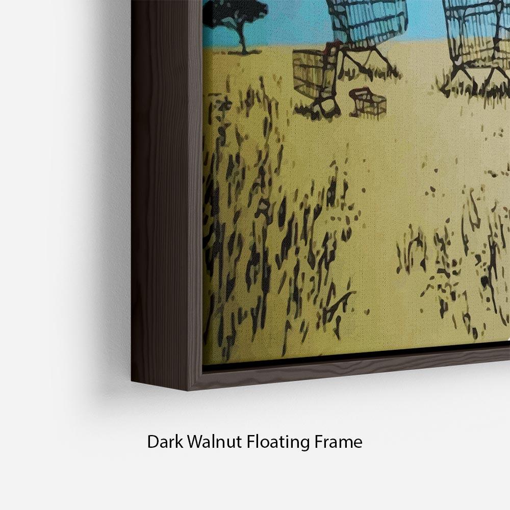 Banksy Aborigine Hunters Floating Frame Canvas featuring vibrant colors and a contemporary design, elegantly framed in FSC Certified wood.