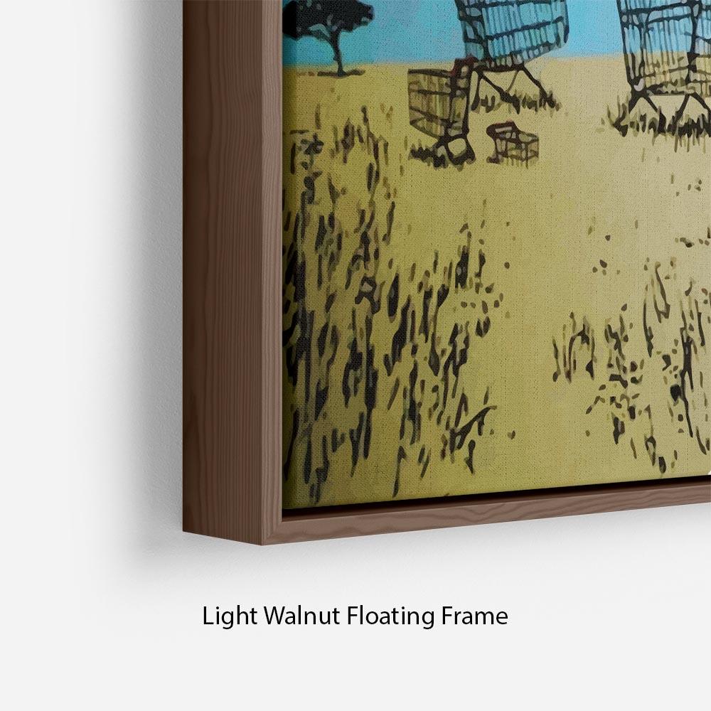 Banksy Aborigine Hunters Floating Frame Canvas featuring vibrant colors and a contemporary design, elegantly framed in FSC Certified wood.