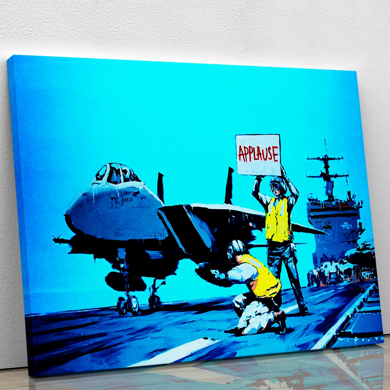 Banksy Aircraft Carrier Applause canvas print showcasing modern art with bold colors and intricate details, perfect for home decor.