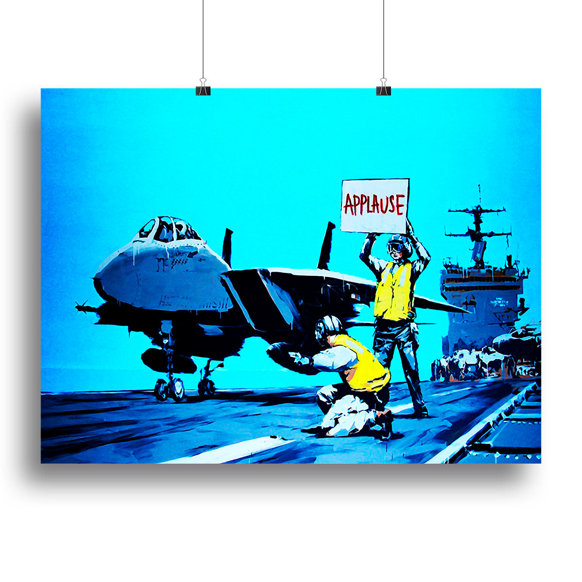 Banksy Aircraft Carrier Applause canvas print showcasing modern art with bold colors and intricate details, perfect for home decor.