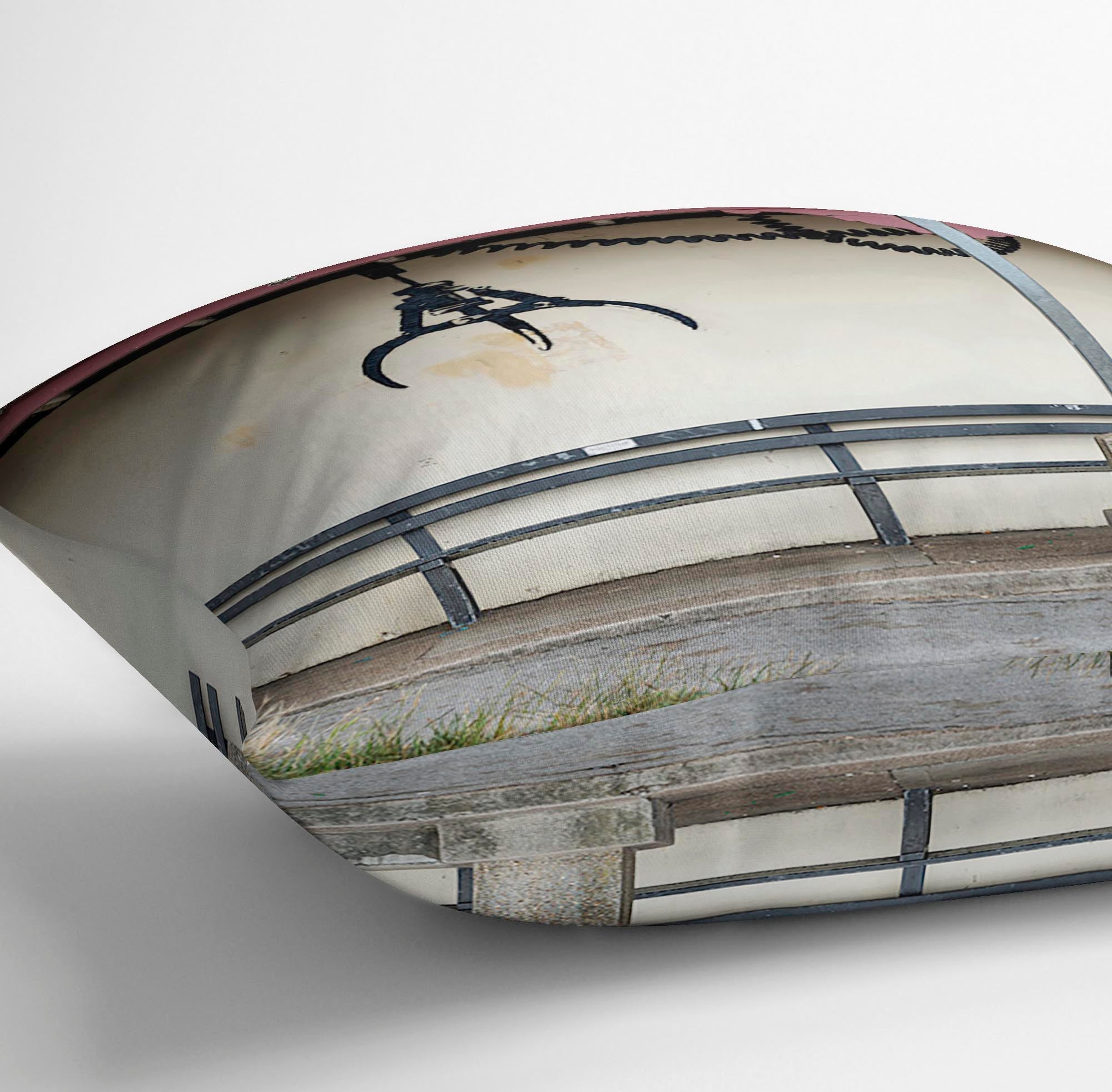 Banksy Amusement Arcade Crane Cushion featuring vibrant abstract design on luxurious vegan faux suede fabric.