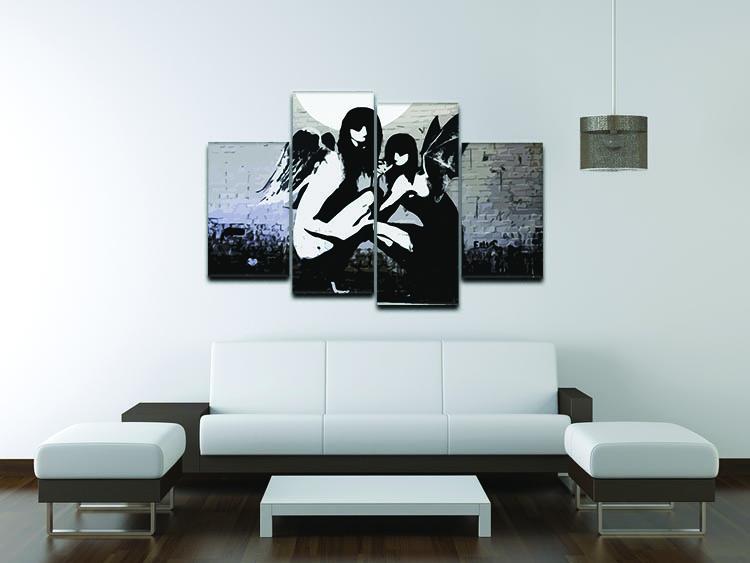 Banksy Angels In Moonlight 4 Split Panel Canvas artwork featuring vibrant colors and dynamic design, perfect for modern decor.