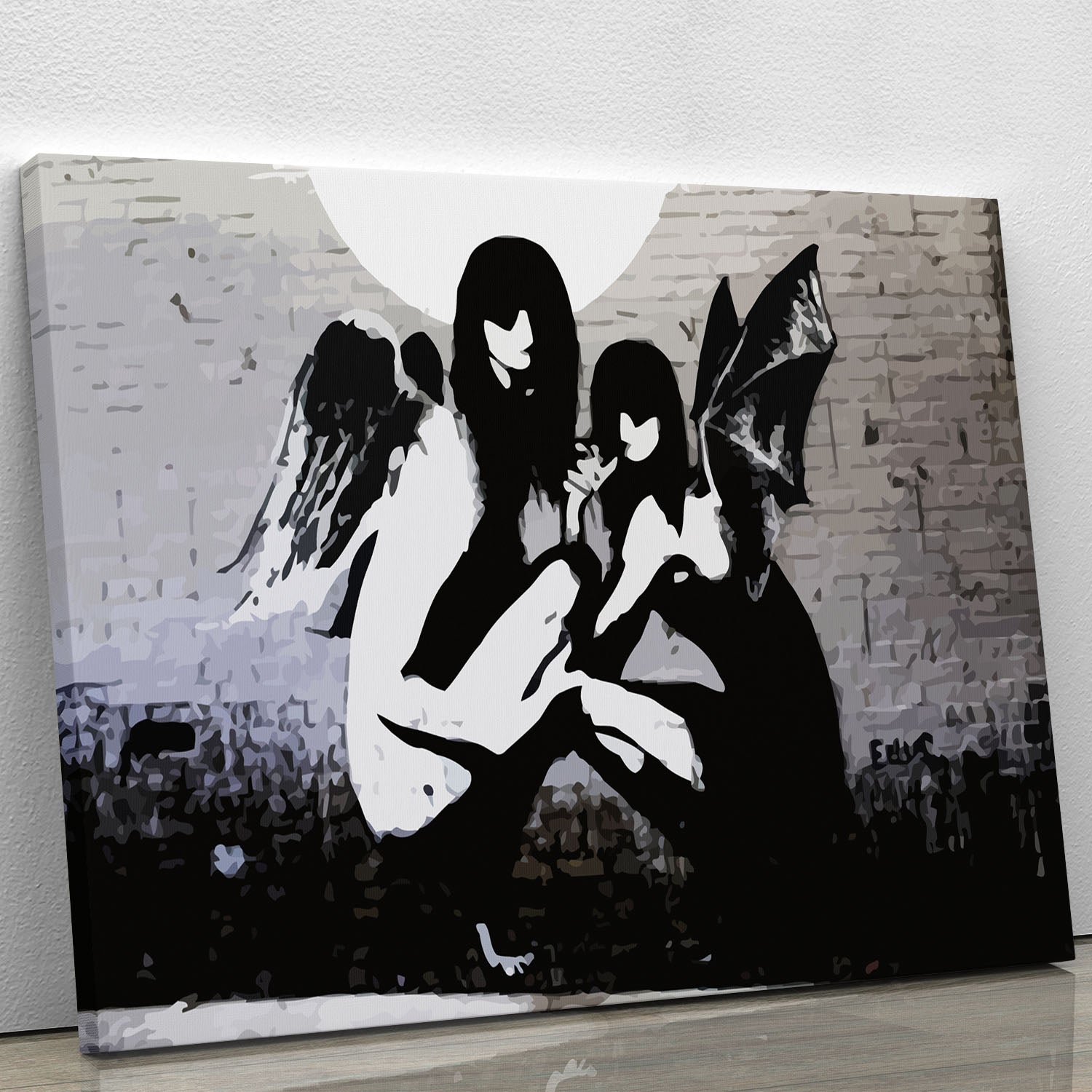 Banksy Angels In Moonlight canvas print showcasing ethereal angels under a moonlit sky, perfect for modern decor.