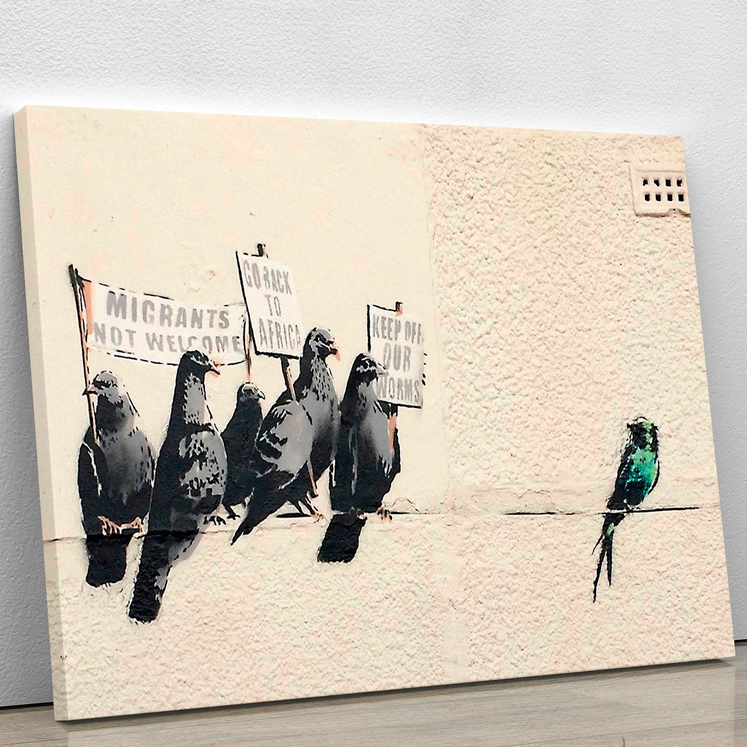 Banksy Anti-Immigration Birds Canvas Print featuring striking imagery and thought-provoking design, perfect for modern decor.