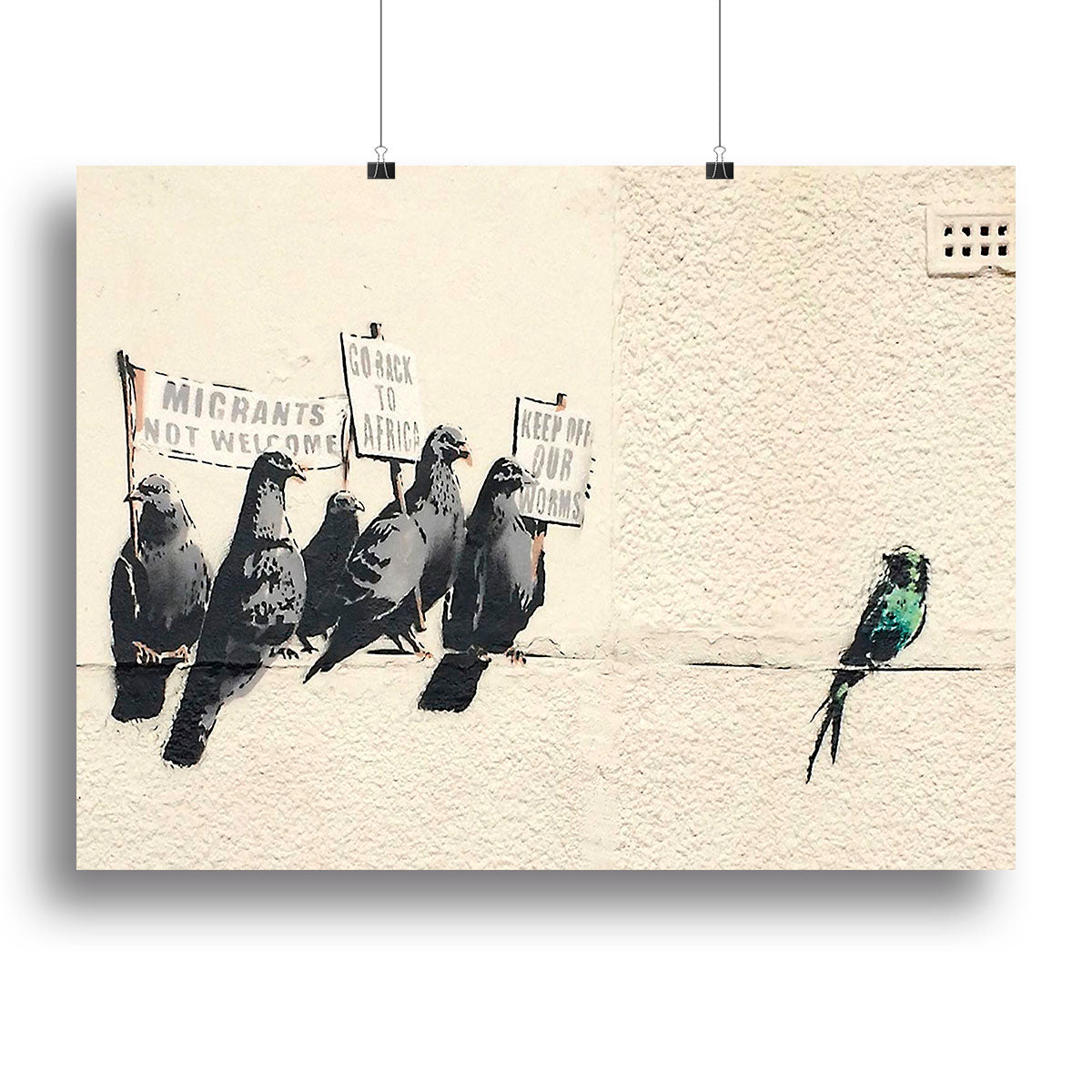 Banksy Anti-Immigration Birds Canvas Print featuring striking imagery and thought-provoking design, perfect for modern decor.