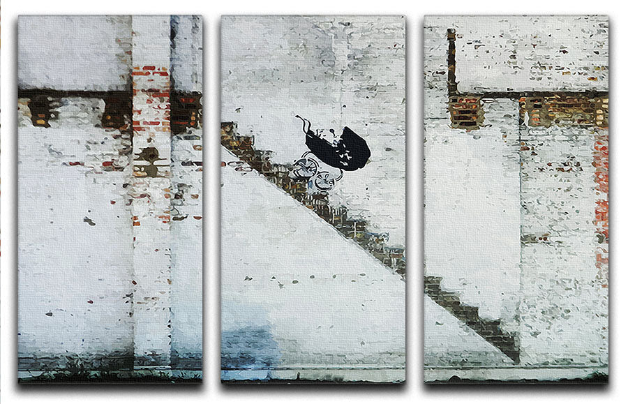 Banksy Baby Carriage 3 Split Panel Canvas Print showcasing three panels with a striking design, perfect for modern decor.