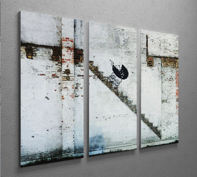 Banksy Baby Carriage 3 Split Panel Canvas Print showcasing three panels with a striking design, perfect for modern decor.