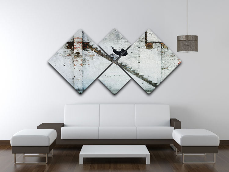 Banksy Baby Carriage 4 Square Multi Panel Canvas artwork displayed in a modern setting, showcasing four individual panels forming a cohesive image.
