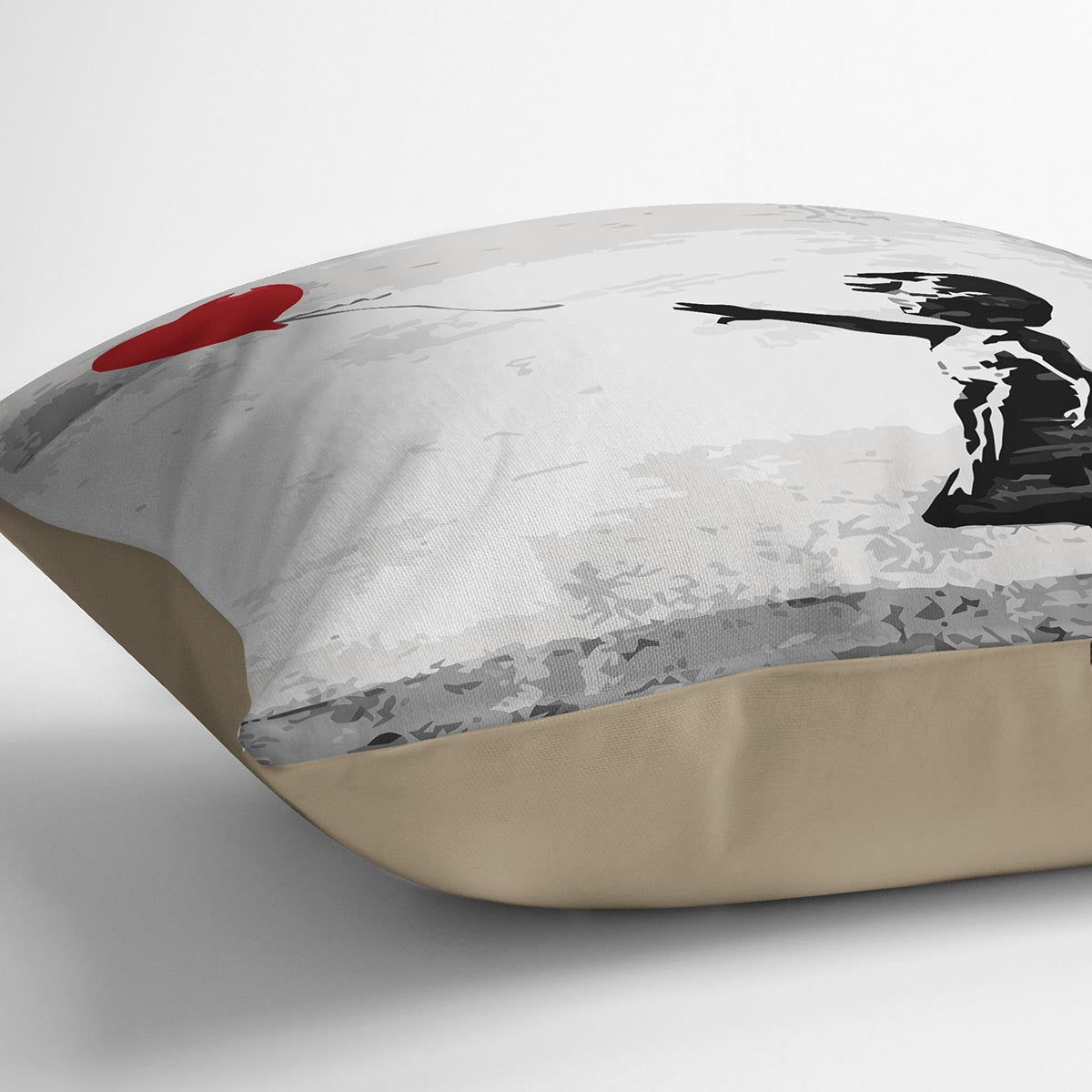 Banksy Balloon Girl Love Heart Cushion featuring vibrant colors and luxurious vegan faux suede fabric.