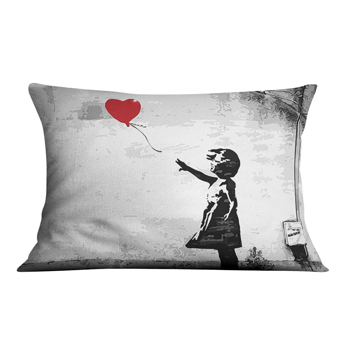 Banksy Balloon Girl Love Heart Cushion featuring vibrant colors and luxurious vegan faux suede fabric.