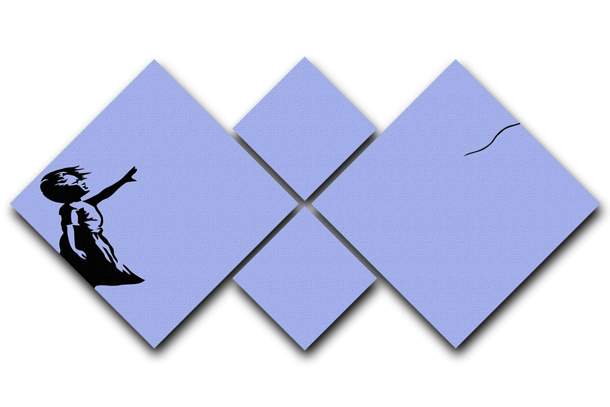 Banksy Balloon Heart Girl Blue 4 Square Multi Panel Canvas artwork featuring a girl with a heart-shaped balloon in blue tones, divided into four panels.